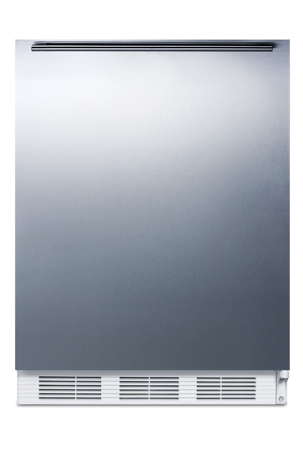 Built-in undercounter all-refrigerator for residential use, auto defrost with a stainless steel wrapped door, horizontal handle, and white cabinet
